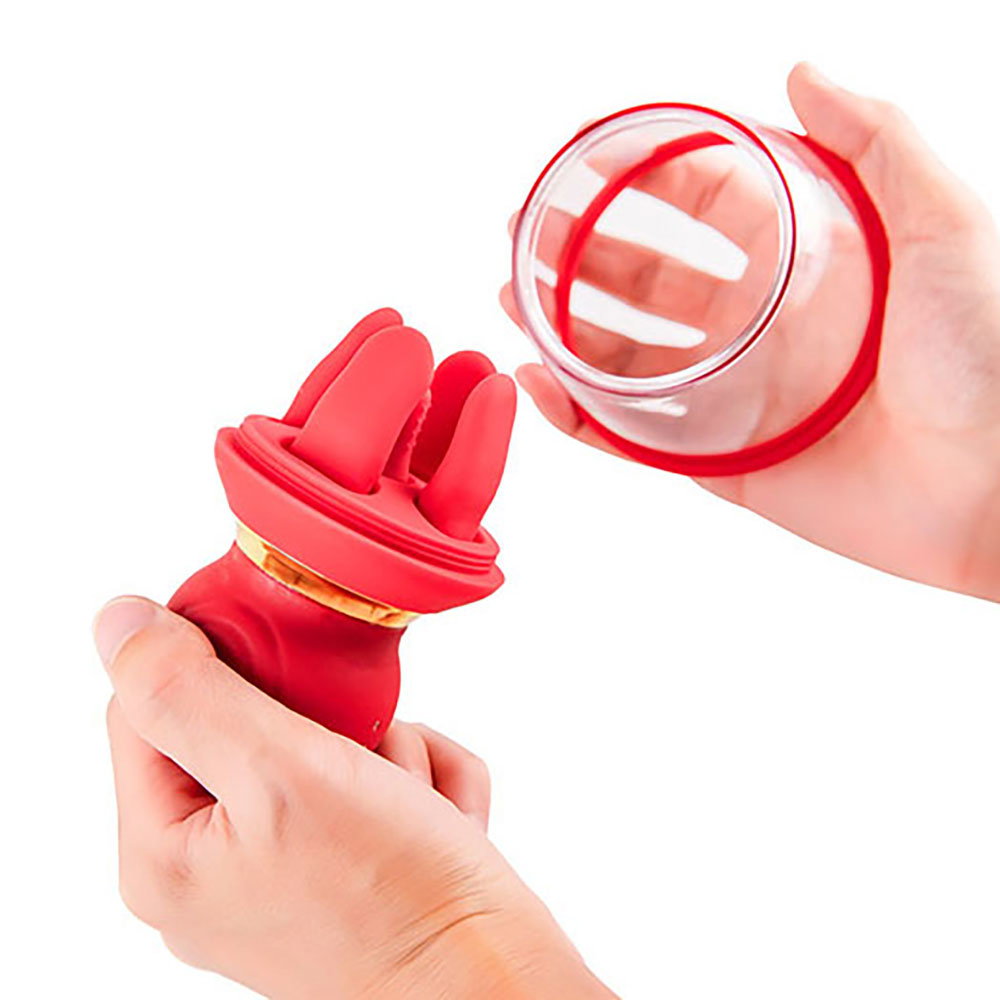 Adam & Eve Squeeze-N-Please Pump in red, a transparent cup stimulator with massaging fingers and squeeze bulb